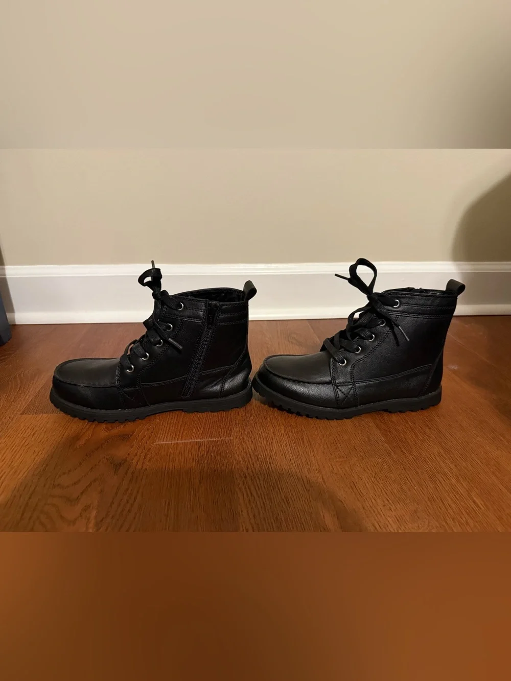 The Children's Place Boys Black Faux Leather Lace Up Boots Size 3 back to school